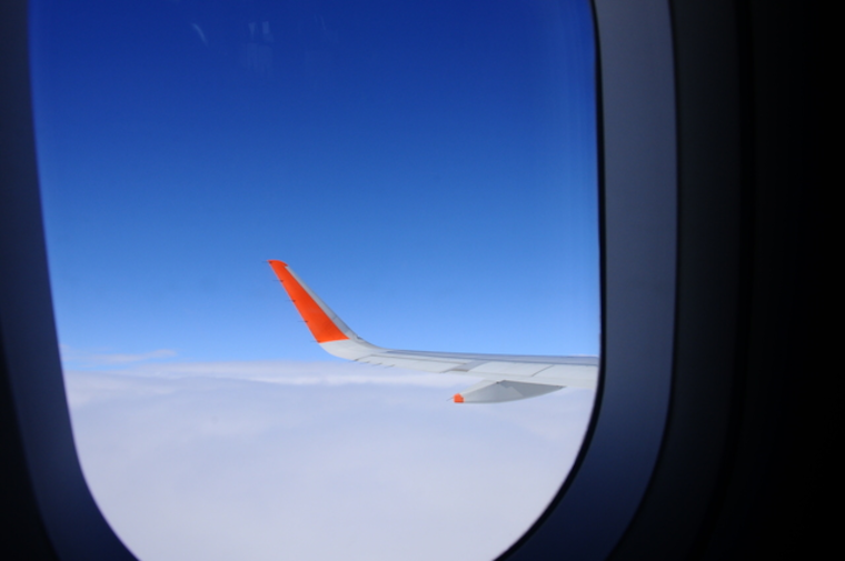 航空機の窓から見える主翼と空